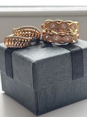 Rose Gold Plated Hoop Earring Set Textured Pave Crystal Chunky Huggie Hoops